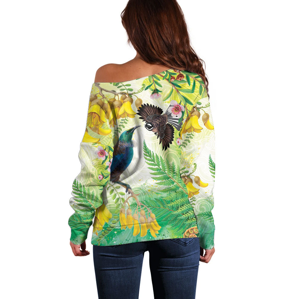 New Zealand Maori Mahuru Off Shoulder Sweater Tui With Pikawakawa Spring Colors LT7 - Polynesian Pride