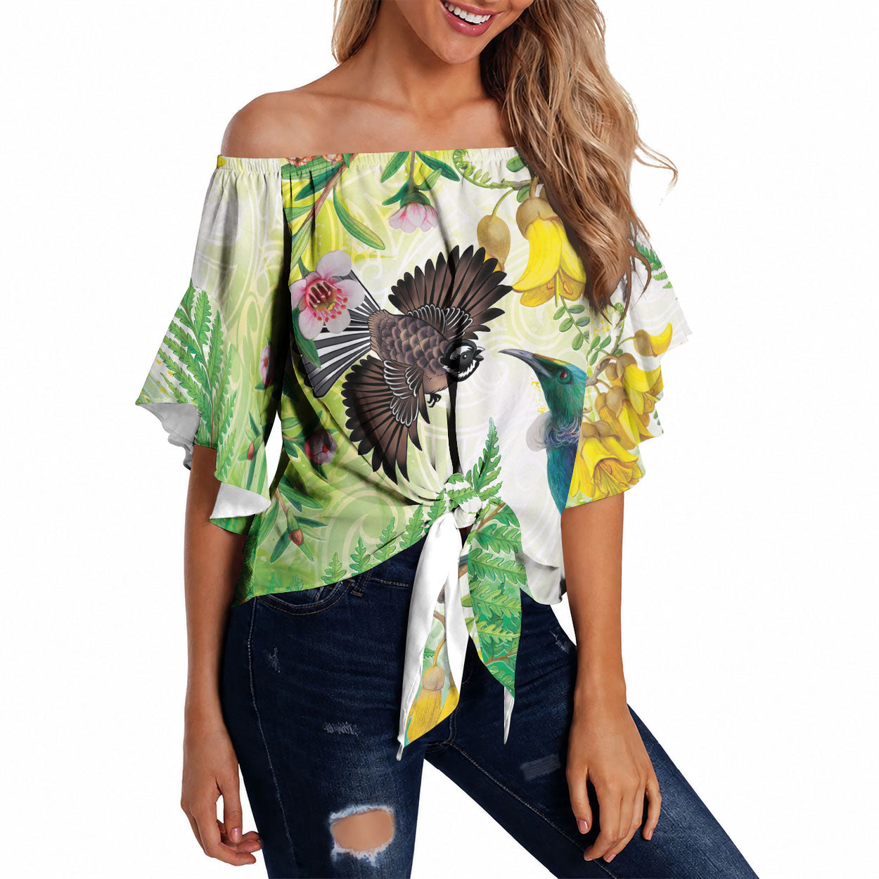 New Zealand Maori Mahuru Off Shoulder Wrap Waist Top Tui With Pikawakawa Spring Colors LT7 Multicolor - Polynesian Pride