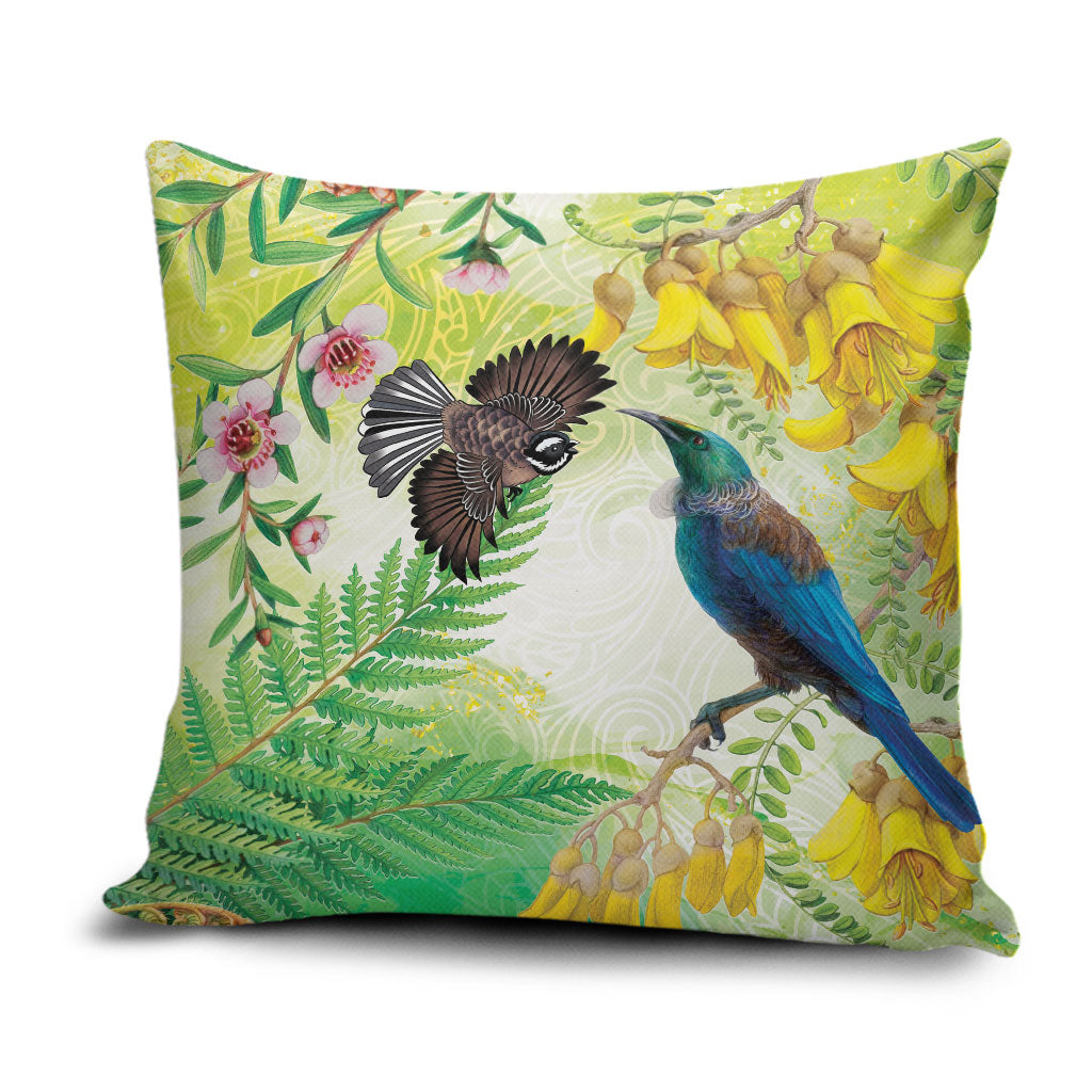 New Zealand Maori Mahuru Pillow Cover Tui With Pikawakawa Spring Colors LT7 Multicolor - Polynesian Pride