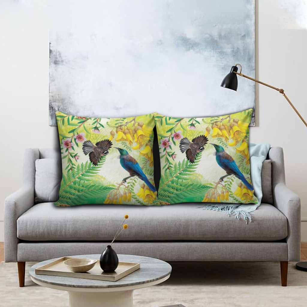 New Zealand Maori Mahuru Pillow Cover Tui With Pikawakawa Spring Colors LT7 - Polynesian Pride