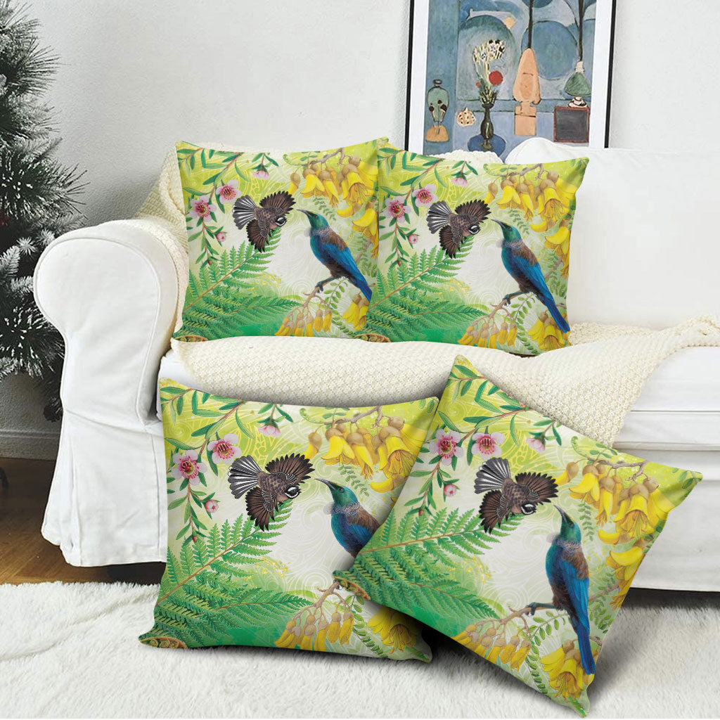 New Zealand Maori Mahuru Pillow Cover Tui With Pikawakawa Spring Colors LT7 - Polynesian Pride