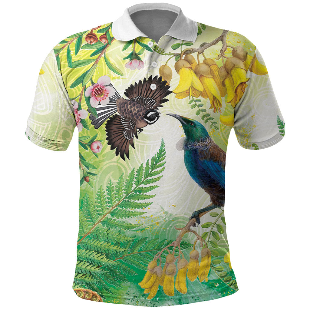 New Zealand Maori Mahuru Polo Shirt Tui With Pikawakawa Spring Colors LT7 Multicolor - Polynesian Pride