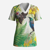 New Zealand Maori Mahuru Scrub Top Tui With Pikawakawa Spring Colors LT7 Adult Multicolor - Polynesian Pride