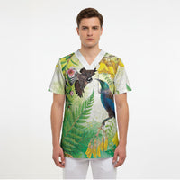 New Zealand Maori Mahuru Scrub Top Tui With Pikawakawa Spring Colors LT7 - Polynesian Pride