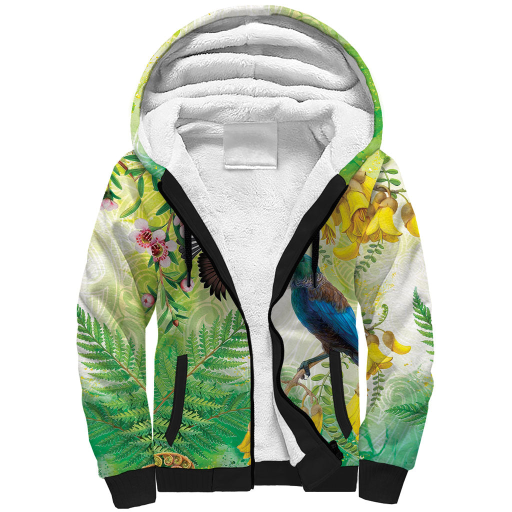 New Zealand Maori Mahuru Sherpa Hoodie Tui With Pikawakawa Spring Colors LT7 Unisex Multicolor - Polynesian Pride
