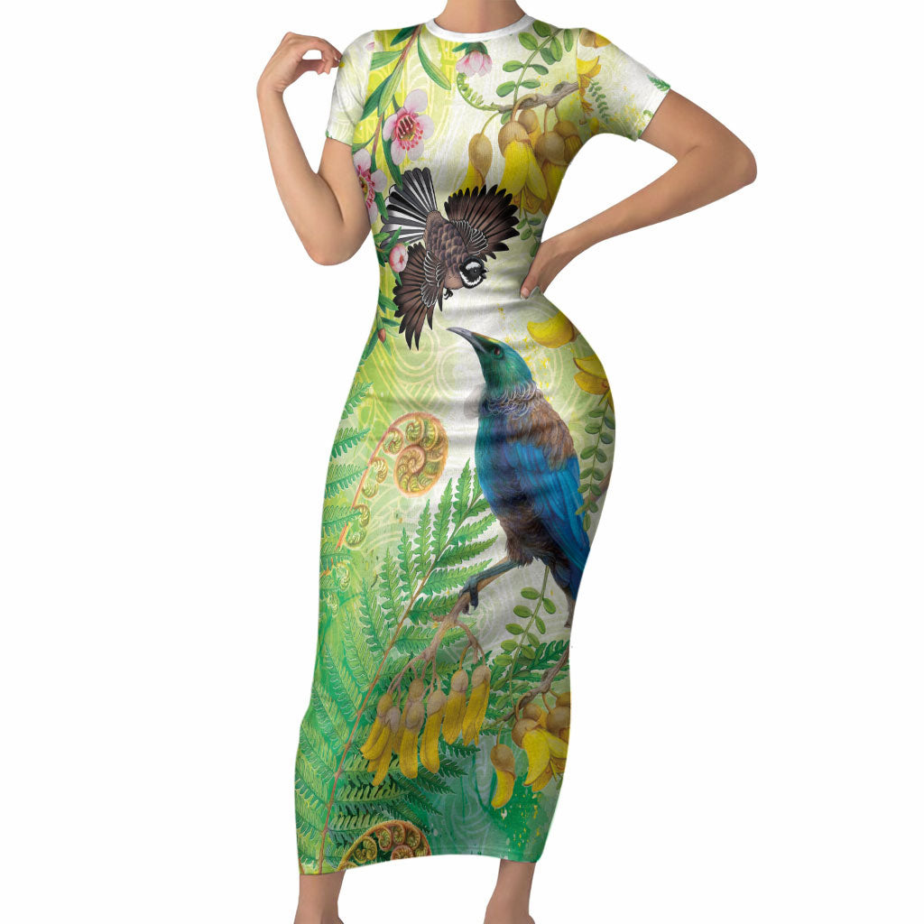 New Zealand Maori Mahuru Short Sleeve Bodycon Dress Tui With Pikawakawa Spring Colors LT7 Long Dress Multicolor - Polynesian Pride