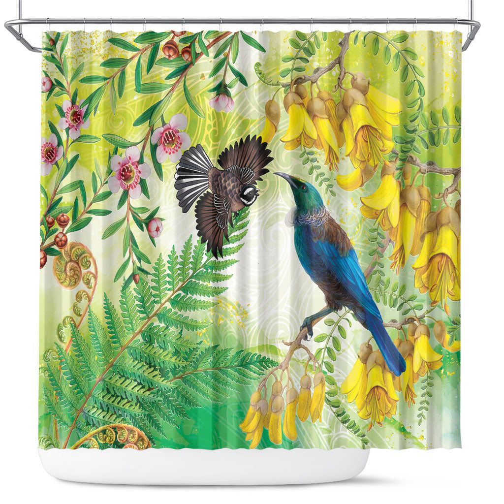New Zealand Maori Mahuru Shower Curtain Tui With Pikawakawa Spring Colors LT7 Multicolor - Polynesian Pride