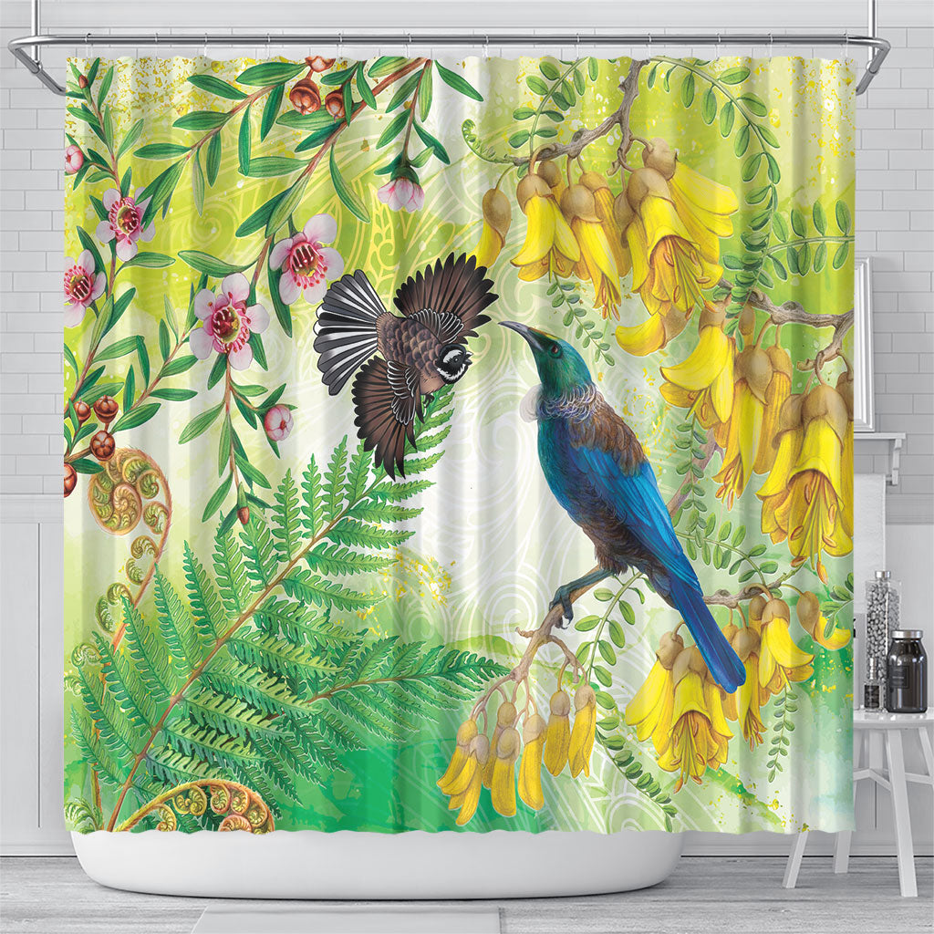 New Zealand Maori Mahuru Shower Curtain Tui With Pikawakawa Spring Colors LT7 - Polynesian Pride