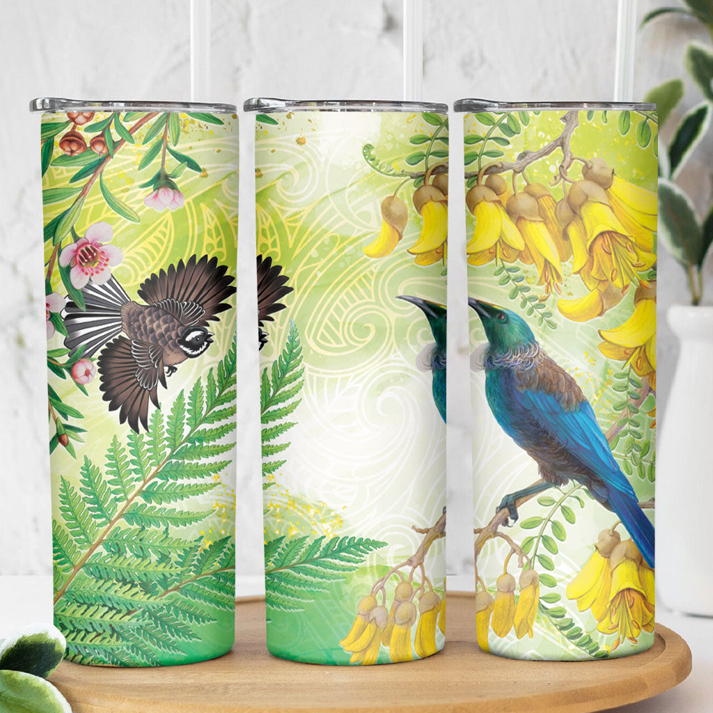 New Zealand Maori Mahuru Skinny Tumbler Tui With Pikawakawa Spring Colors LT7 - Polynesian Pride