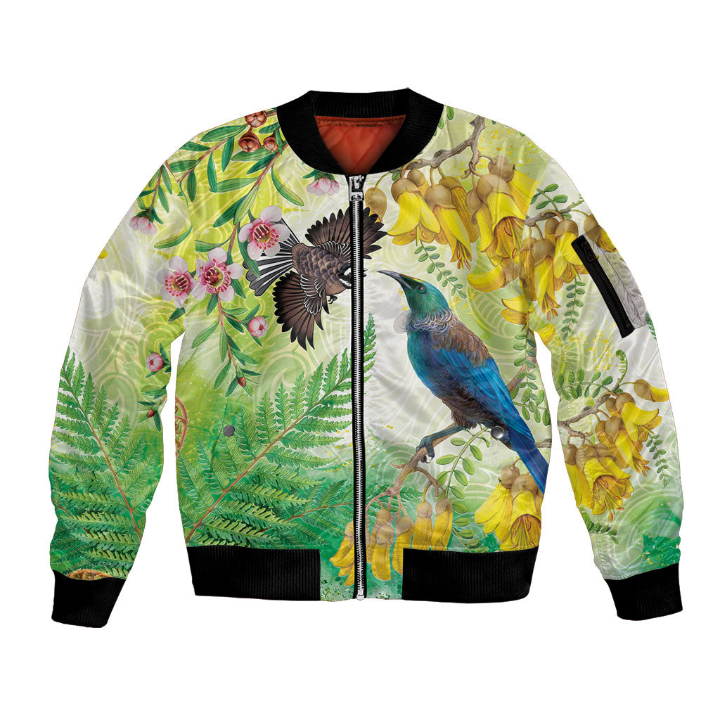 New Zealand Maori Mahuru Sleeve Zip Bomber Jacket Tui With Pikawakawa Spring Colors LT7 Unisex Multicolor - Polynesian Pride