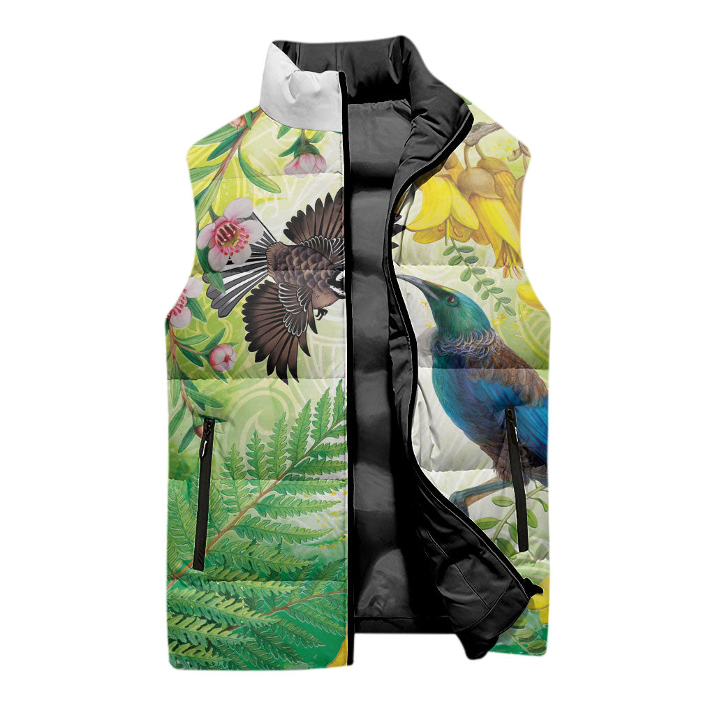 New Zealand Maori Mahuru Sleeveless Puffer Jacket Tui With Pikawakawa Spring Colors LT7 - Polynesian Pride