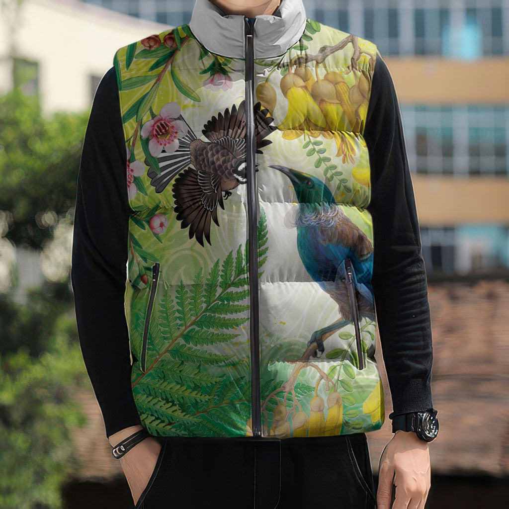 New Zealand Maori Mahuru Sleeveless Puffer Jacket Tui With Pikawakawa Spring Colors LT7 - Polynesian Pride