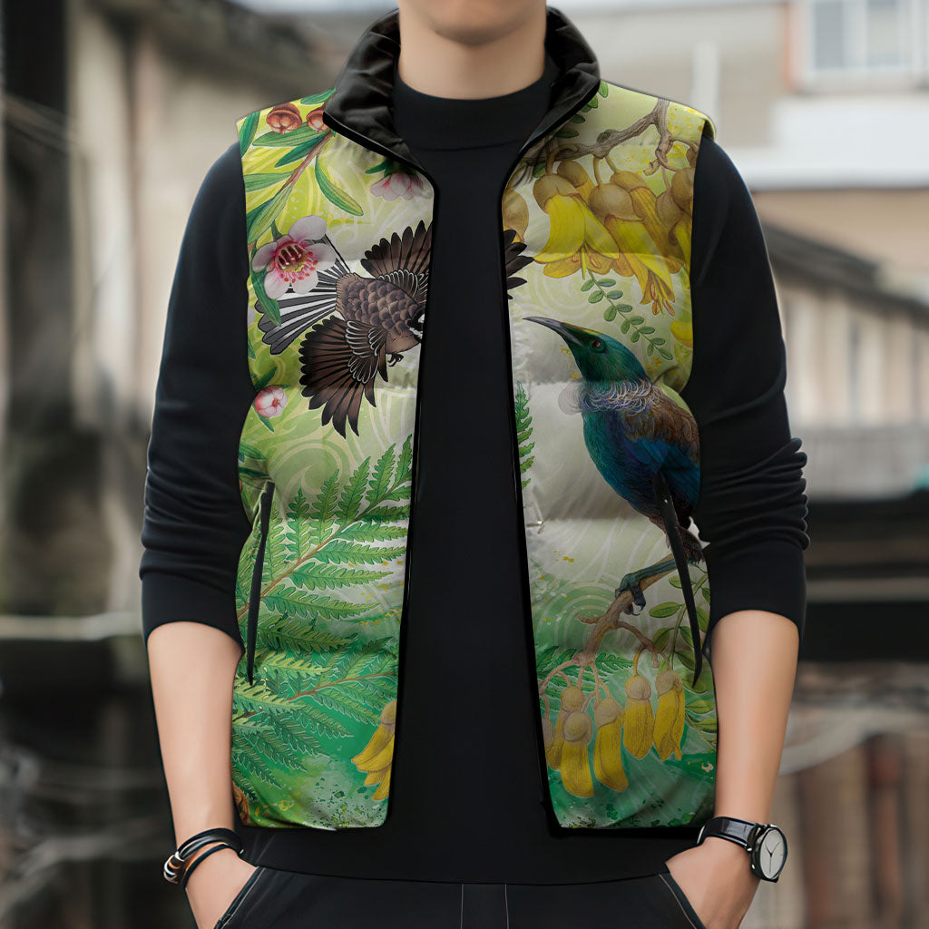 New Zealand Maori Mahuru Sleeveless Puffer Jacket Tui With Pikawakawa Spring Colors LT7 - Polynesian Pride