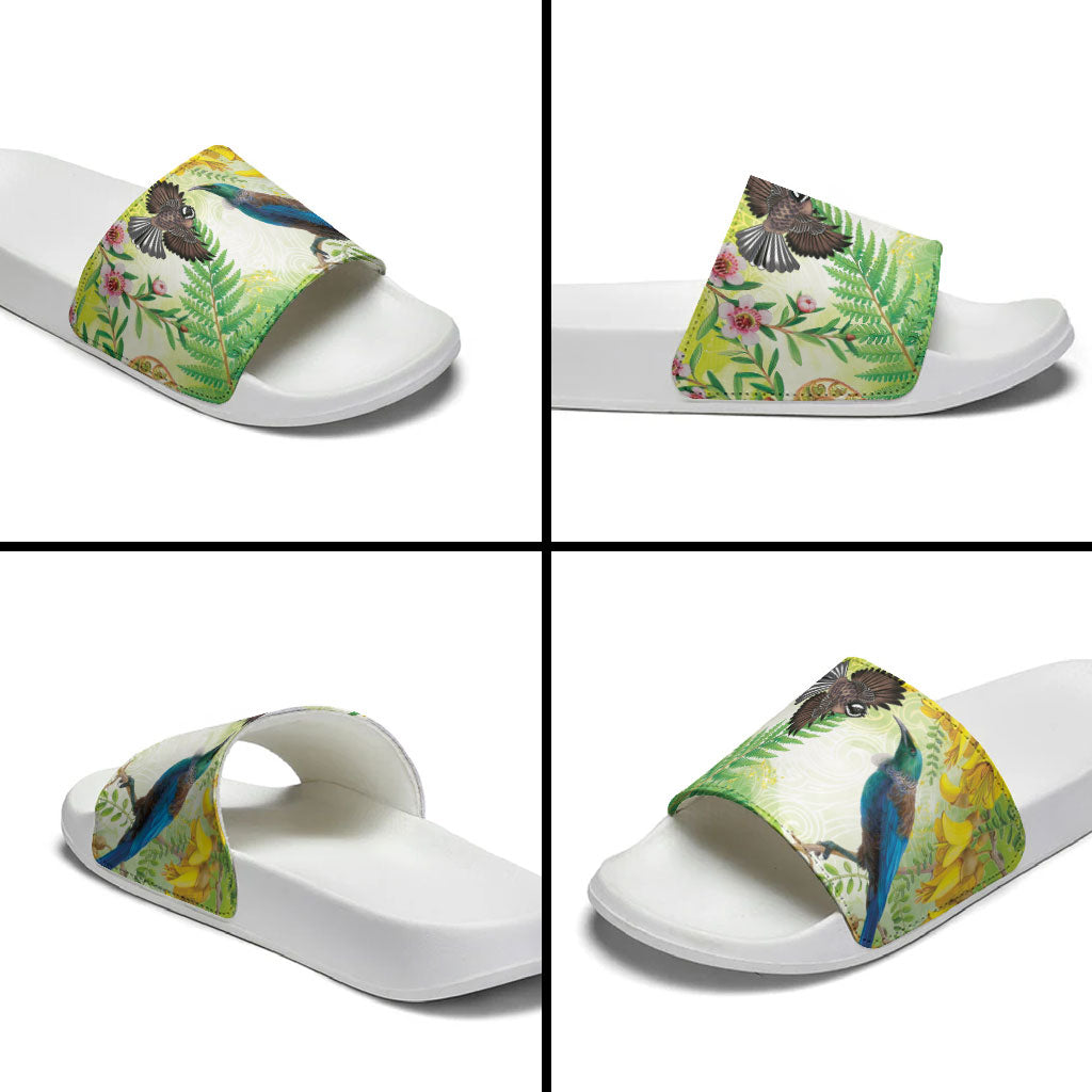 New Zealand Maori Mahuru Slide Sandals Tui With Pikawakawa Spring Colors LT7 - Polynesian Pride