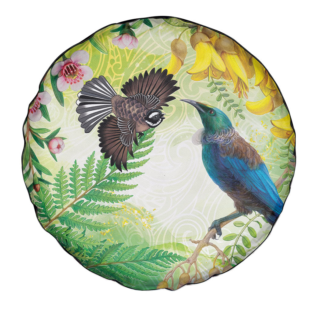 New Zealand Maori Mahuru Spare Tire Cover Tui With Pikawakawa Spring Colors LT7 - Polynesian Pride