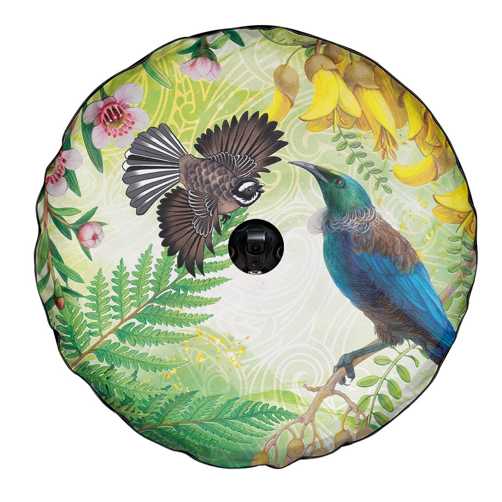 New Zealand Maori Mahuru Spare Tire Cover Tui With Pikawakawa Spring Colors LT7 - Polynesian Pride