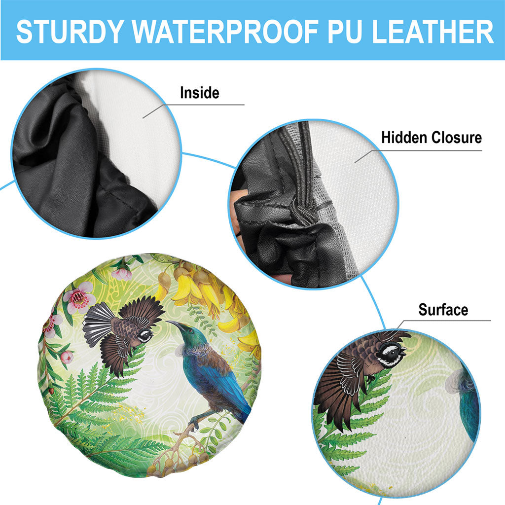 New Zealand Maori Mahuru Spare Tire Cover Tui With Pikawakawa Spring Colors LT7 - Polynesian Pride