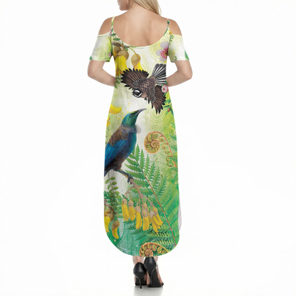 New Zealand Maori Mahuru Summer Maxi Dress Tui With Pikawakawa Spring Colors LT7 - Polynesian Pride