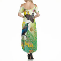 New Zealand Maori Mahuru Summer Maxi Dress Tui With Pikawakawa Spring Colors LT7 - Polynesian Pride