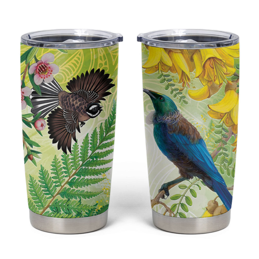 New Zealand Maori Mahuru Tumbler Cup Tui With Pikawakawa Spring Colors LT7 Multicolor - Polynesian Pride
