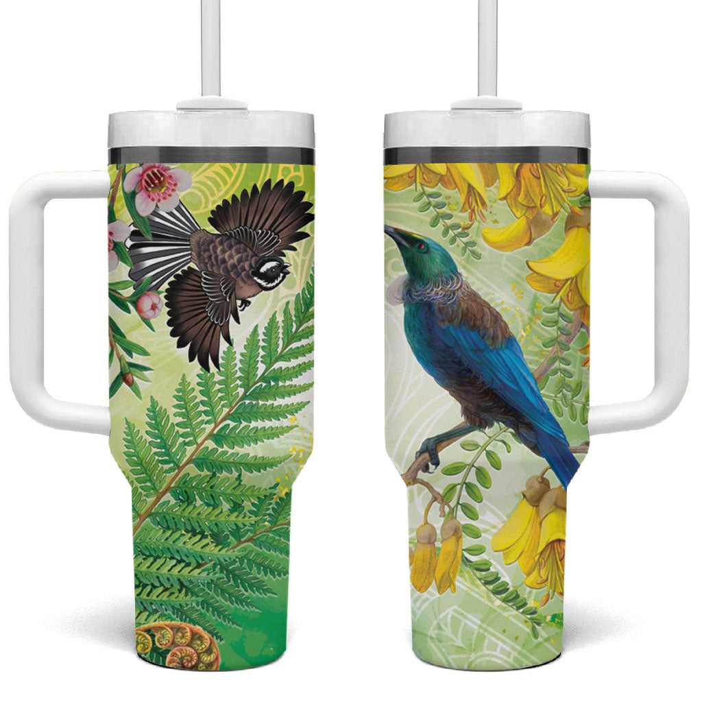 New Zealand Maori Mahuru Tumbler With Handle Tui With Pikawakawa Spring Colors LT7 One Size: 40 oz Multicolor - Polynesian Pride