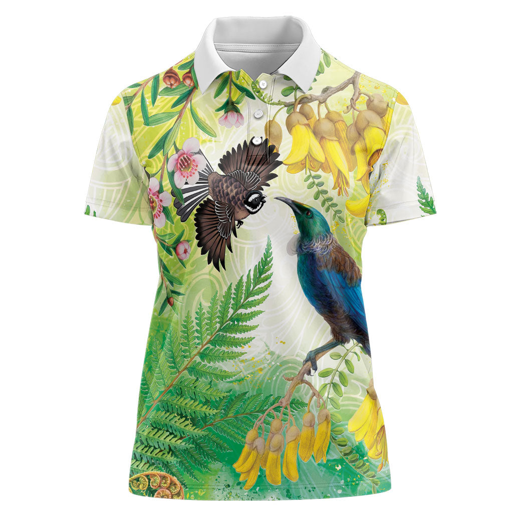 New Zealand Maori Mahuru Women Polo Shirt Tui With Pikawakawa Spring Colors LT7 Female Multicolor - Polynesian Pride
