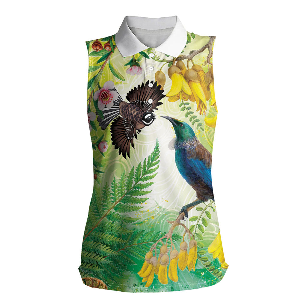 New Zealand Maori Mahuru Women Sleeveless Polo Shirt Tui With Pikawakawa Spring Colors LT7 Female Multicolor - Polynesian Pride