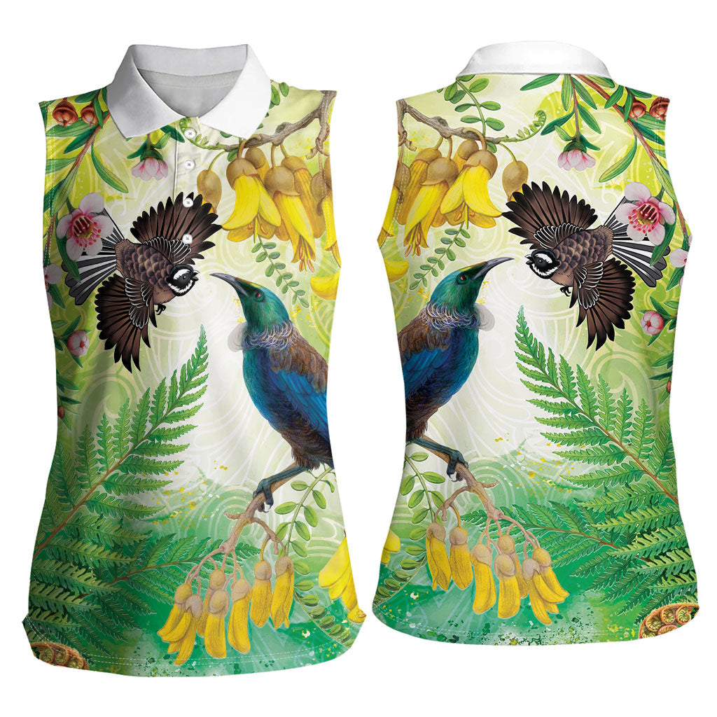 New Zealand Maori Mahuru Women Sleeveless Polo Shirt Tui With Pikawakawa Spring Colors LT7 - Polynesian Pride
