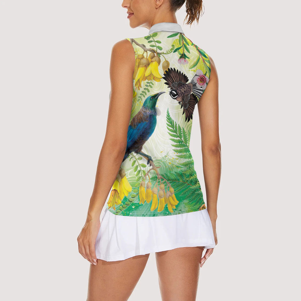 New Zealand Maori Mahuru Women Sleeveless Polo Shirt Tui With Pikawakawa Spring Colors LT7 - Polynesian Pride