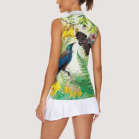 New Zealand Maori Mahuru Women Sleeveless Polo Shirt Tui With Pikawakawa Spring Colors LT7 - Polynesian Pride