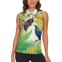 New Zealand Maori Mahuru Women Sleeveless Polo Shirt Tui With Pikawakawa Spring Colors LT7 - Polynesian Pride