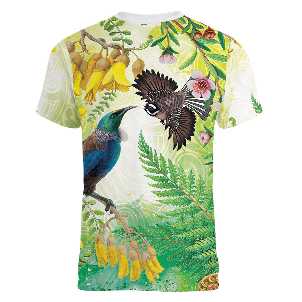 New Zealand Maori Mahuru Women V-Neck T-Shirt Tui With Pikawakawa Spring Colors LT7 - Polynesian Pride
