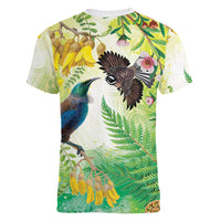 New Zealand Maori Mahuru Women V-Neck T-Shirt Tui With Pikawakawa Spring Colors LT7 - Polynesian Pride