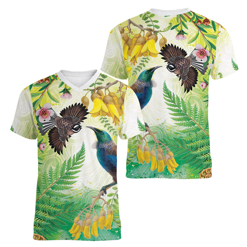 New Zealand Maori Mahuru Women V-Neck T-Shirt Tui With Pikawakawa Spring Colors LT7 - Polynesian Pride
