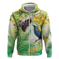 New Zealand Maori Mahuru Zip Hoodie Tui With Pikawakawa Spring Colors LT7 Zip Hoodie Multicolor - Polynesian Pride