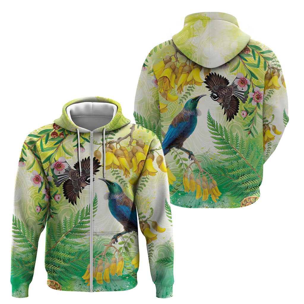 New Zealand Maori Mahuru Zip Hoodie Tui With Pikawakawa Spring Colors LT7 - Polynesian Pride