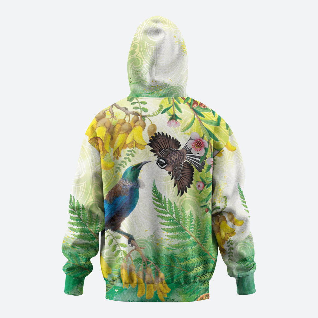 New Zealand Maori Mahuru Zip Hoodie Tui With Pikawakawa Spring Colors LT7 - Polynesian Pride