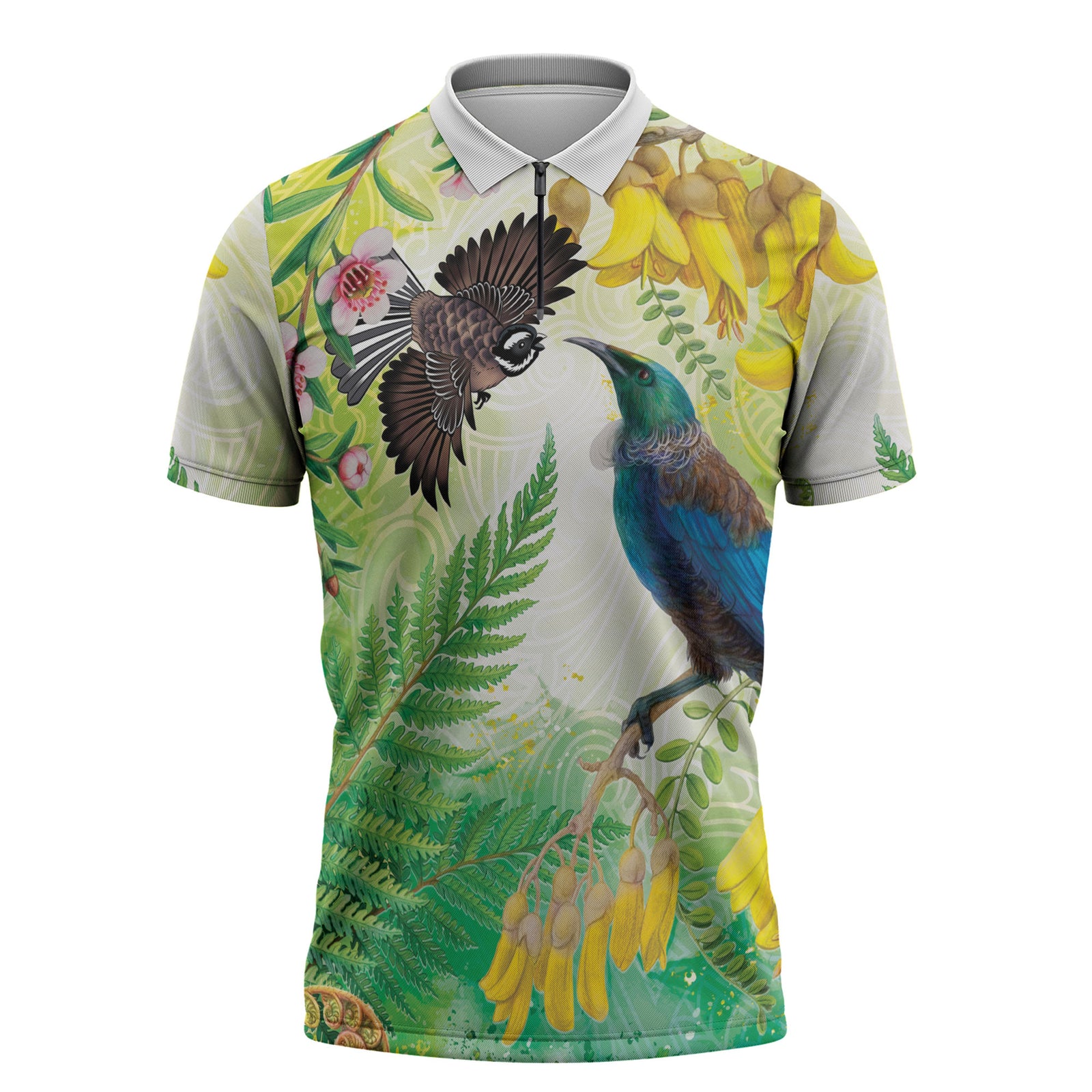 New Zealand Maori Mahuru Zipper Polo Shirt Tui With Pikawakawa Spring Colors LT7 Multicolor - Polynesian Pride