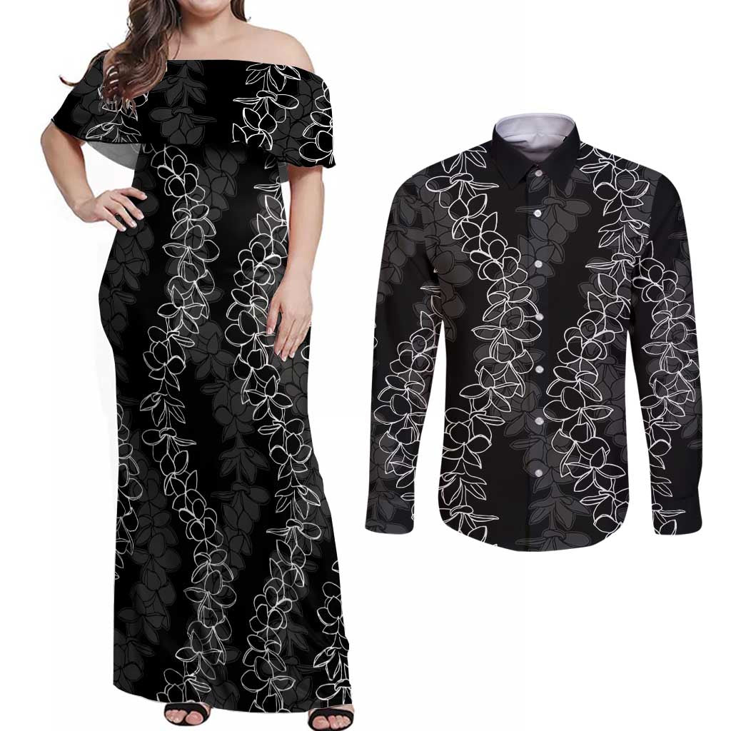 Hawaii Plumeria Lei Couples Matching Off Shoulder Maxi Dress and Long Sleeve Button Shirt Aloha Festive Vibe