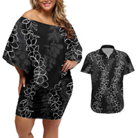 Hawaii Plumeria Lei Couples Matching Off Shoulder Short Dress and Hawaiian Shirt Aloha Festive Vibe