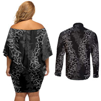 Hawaii Plumeria Lei Couples Matching Off Shoulder Short Dress and Long Sleeve Button Shirt Aloha Festive Vibe