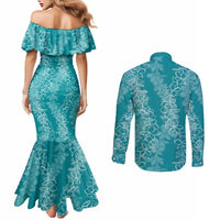 Hawaii Plumeria Lei Couples Matching Mermaid Dress and Long Sleeve Button Shirt Aloha Festive Vibe - Teal