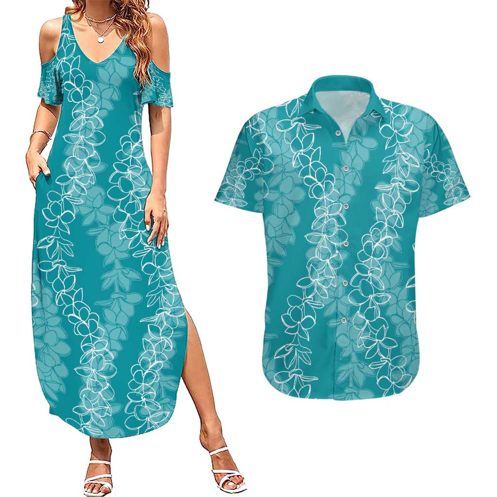 Hawaii Plumeria Lei Couples Matching Summer Maxi Dress and Hawaiian Shirt Aloha Festive Vibe - Teal