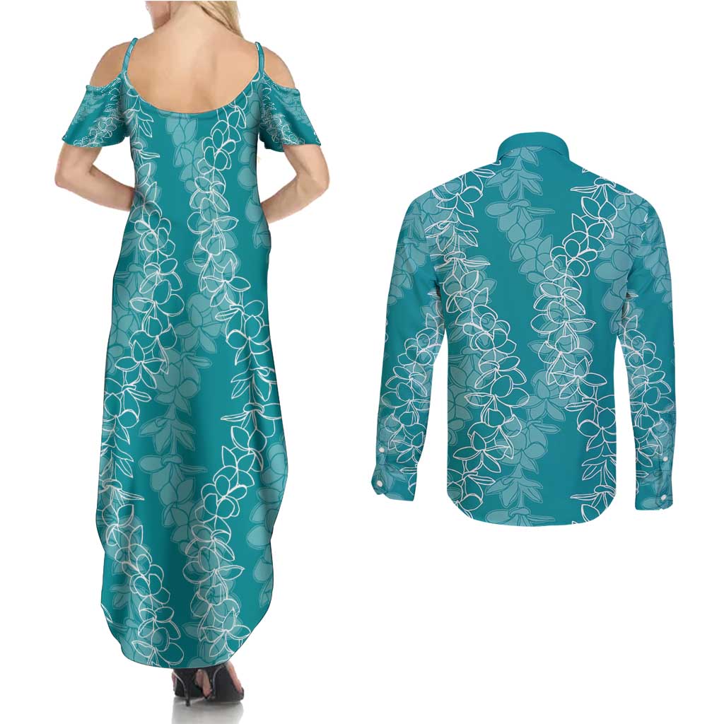 Hawaii Plumeria Lei Couples Matching Summer Maxi Dress and Long Sleeve Button Shirt Aloha Festive Vibe - Teal