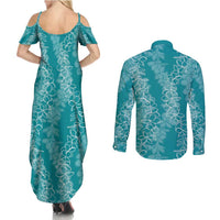 Hawaii Plumeria Lei Couples Matching Summer Maxi Dress and Long Sleeve Button Shirt Aloha Festive Vibe - Teal