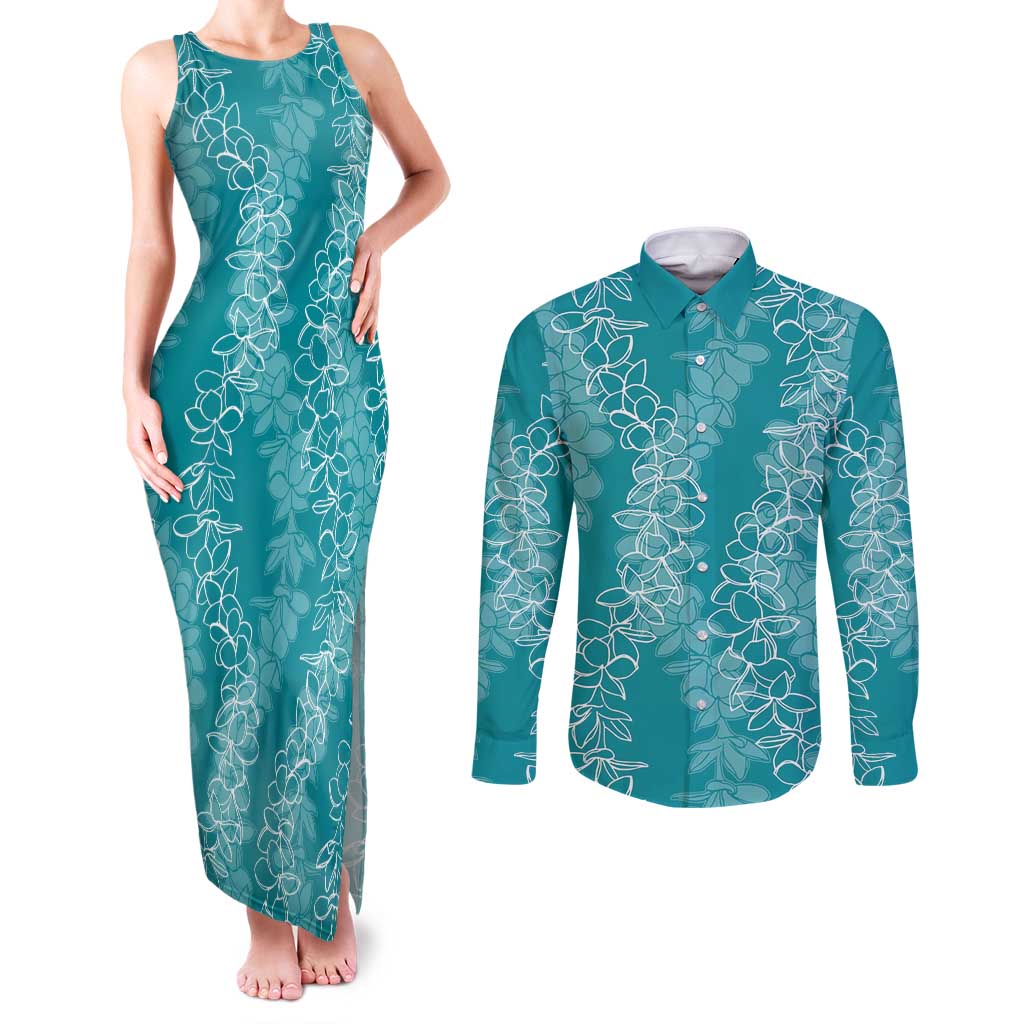 Hawaii Plumeria Lei Couples Matching Tank Maxi Dress and Long Sleeve Button Shirt Aloha Festive Vibe - Teal