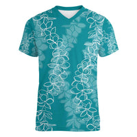Hawaii Plumeria Lei Women V-Neck T-Shirt Aloha Festive Vibe - Teal LT7 Female Teal - Polynesian Pride