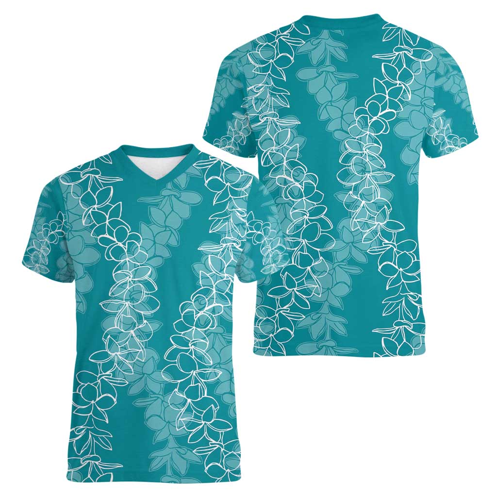 Hawaii Plumeria Lei Women V-Neck T-Shirt Aloha Festive Vibe - Teal LT7 - Polynesian Pride