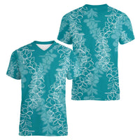 Hawaii Plumeria Lei Women V-Neck T-Shirt Aloha Festive Vibe - Teal LT7 - Polynesian Pride