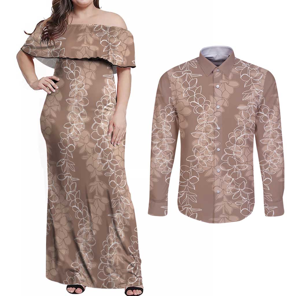 Hawaii Plumeria Lei Couples Matching Off Shoulder Maxi Dress and Long Sleeve Button Shirt Aloha Festive Vibe - Beige